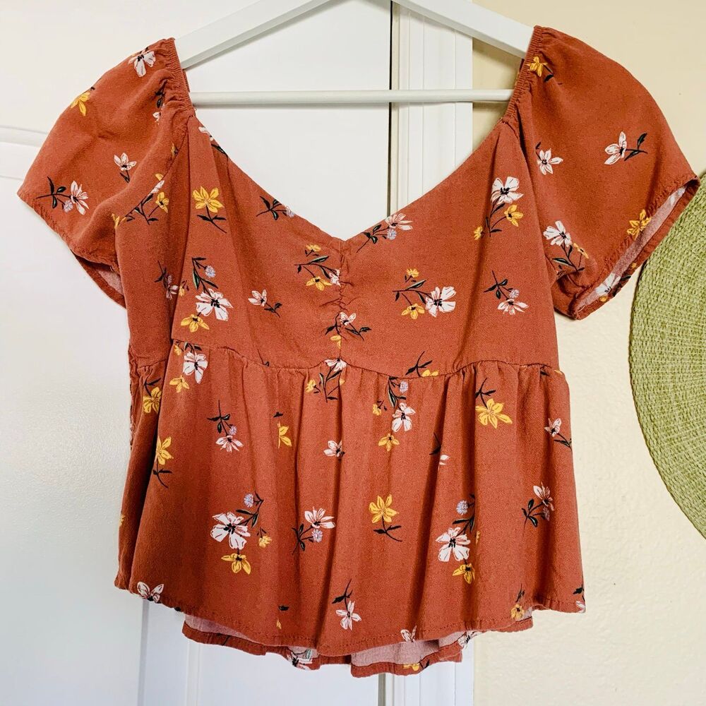 LA Hearts Coral Pink Spring Floral Boho off the Shoulder Crop Top Blouse Size L